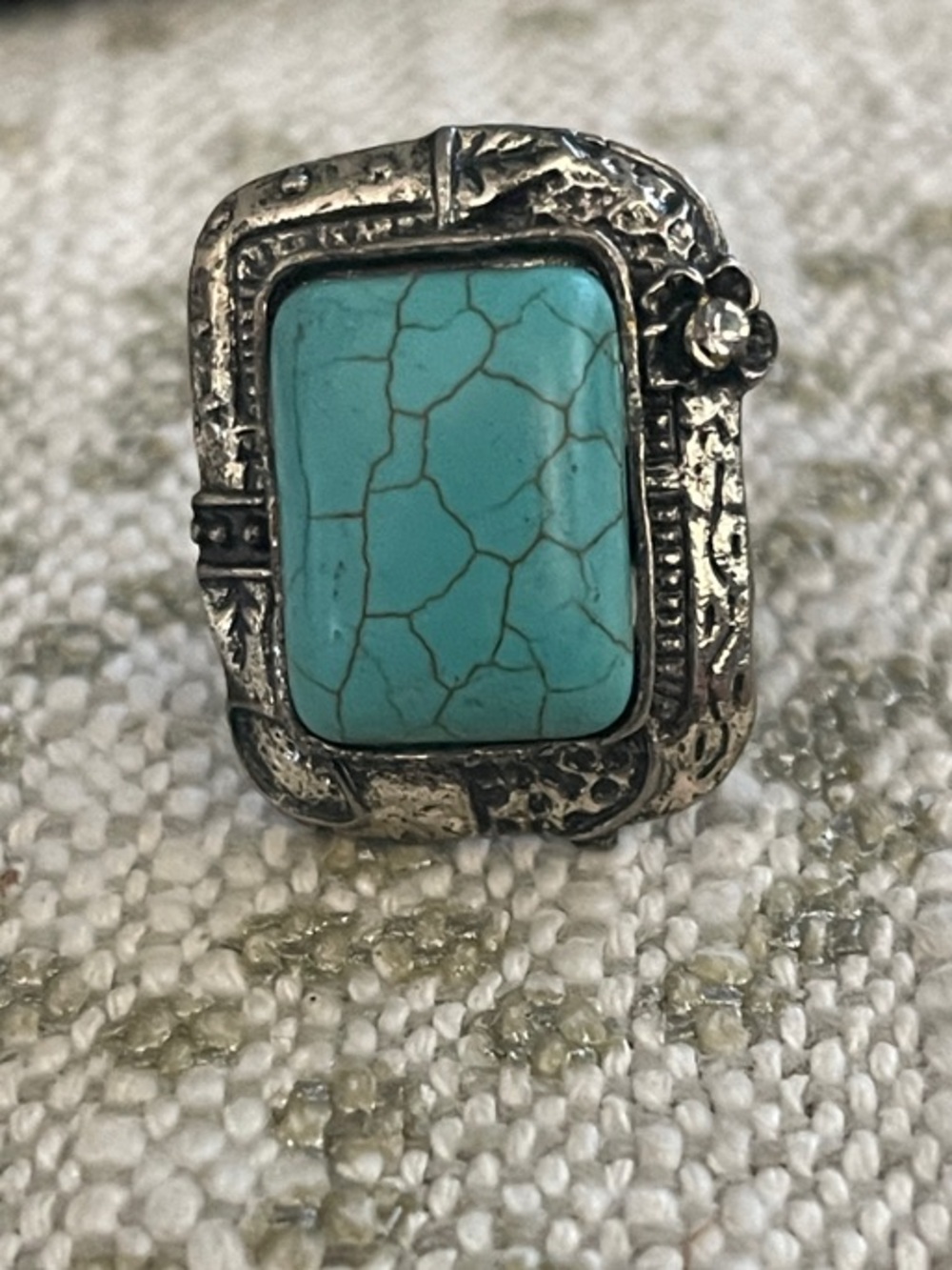 Boho Chunky Silver Faux Turquoise Statement Ring Size 7 (adjustable)